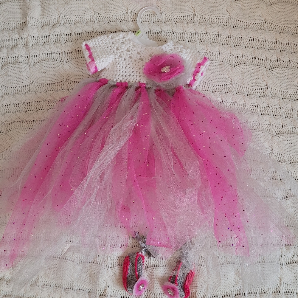 Handmade baby dress, matching headband, booties